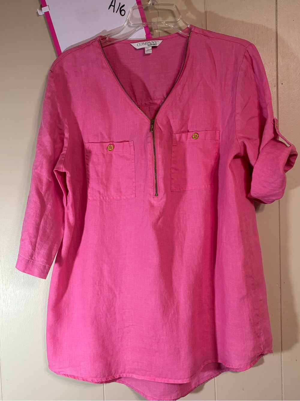 Pink Zip-Front V-Neck linen Women’s Top
